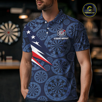 Blue Dartboard American Flag Polo 1/4-Zip Shirt For Men Custom Name Darts Club Match Jersey NHT1637