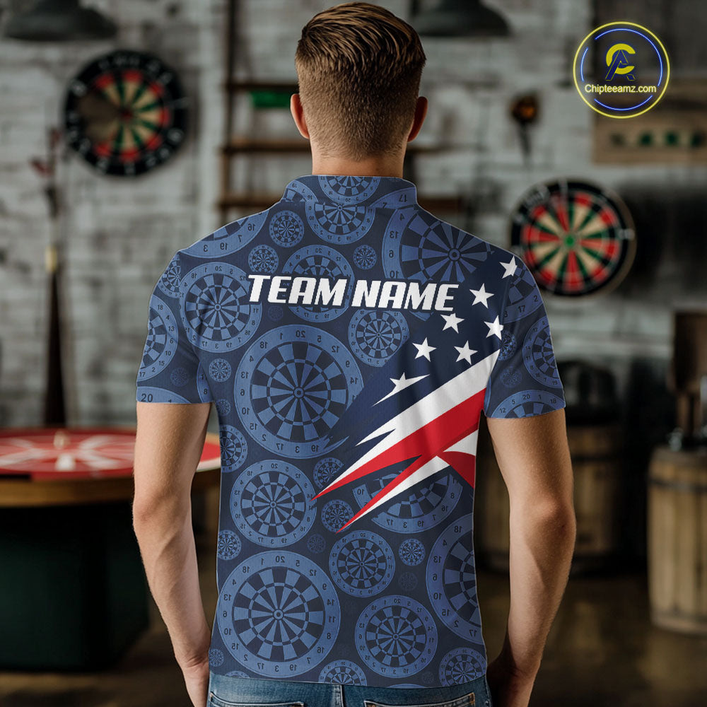Blue Dartboard American Flag Polo 1/4-Zip Shirt For Men Custom Name Darts Club Match Jersey NHT1637