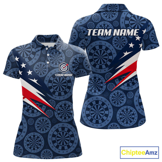 Blue Dartboard American Flag Polo 1/4-Zip Shirt For Women Custom Name Darts Club Match Jersey NHT1637