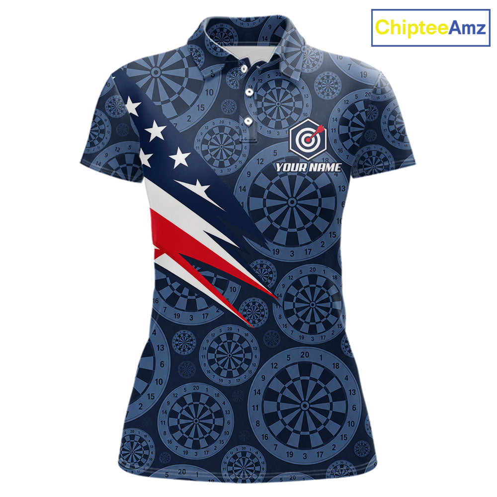 Blue Dartboard American Flag Polo 1/4-Zip Shirt For Women Custom Name Darts Club Match Jersey NHT1637