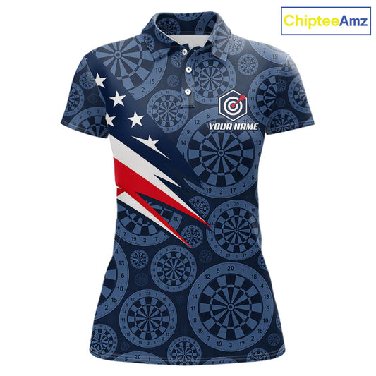 Blue Dartboard American Flag Polo 1/4-Zip Shirt For Women Custom Name Darts Club Match Jersey NHT1637