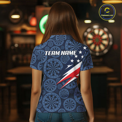 Blue Dartboard American Flag Polo 1/4-Zip Shirt For Women Custom Name Darts Club Match Jersey NHT1637