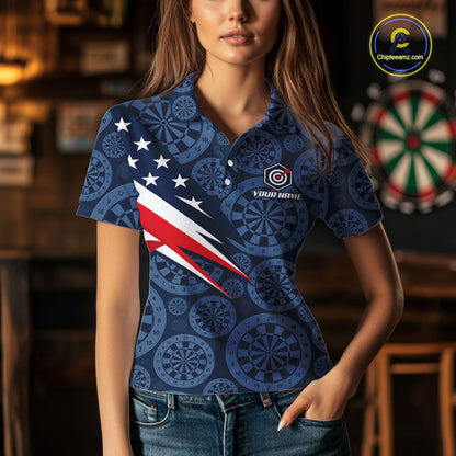 Blue Dartboard American Flag Polo 1/4-Zip Shirt For Women Custom Name Darts Club Match Jersey NHT1637