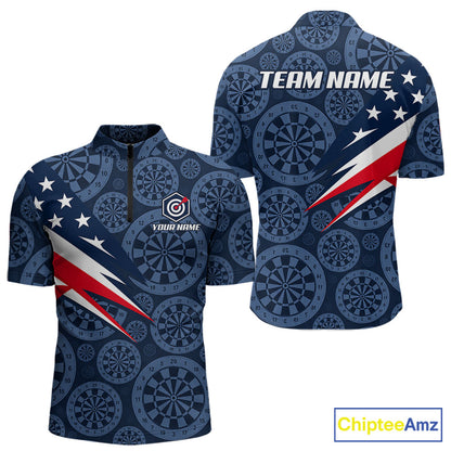 Blue Dartboard American Flag Polo 1/4-Zip Shirt For Men Custom Name Darts Club Match Jersey NHT1637