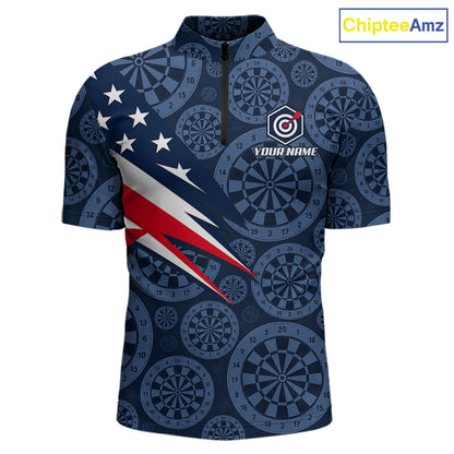 Blue Dartboard American Flag Polo 1/4-Zip Shirt For Men Custom Name Darts Club Match Jersey NHT1637