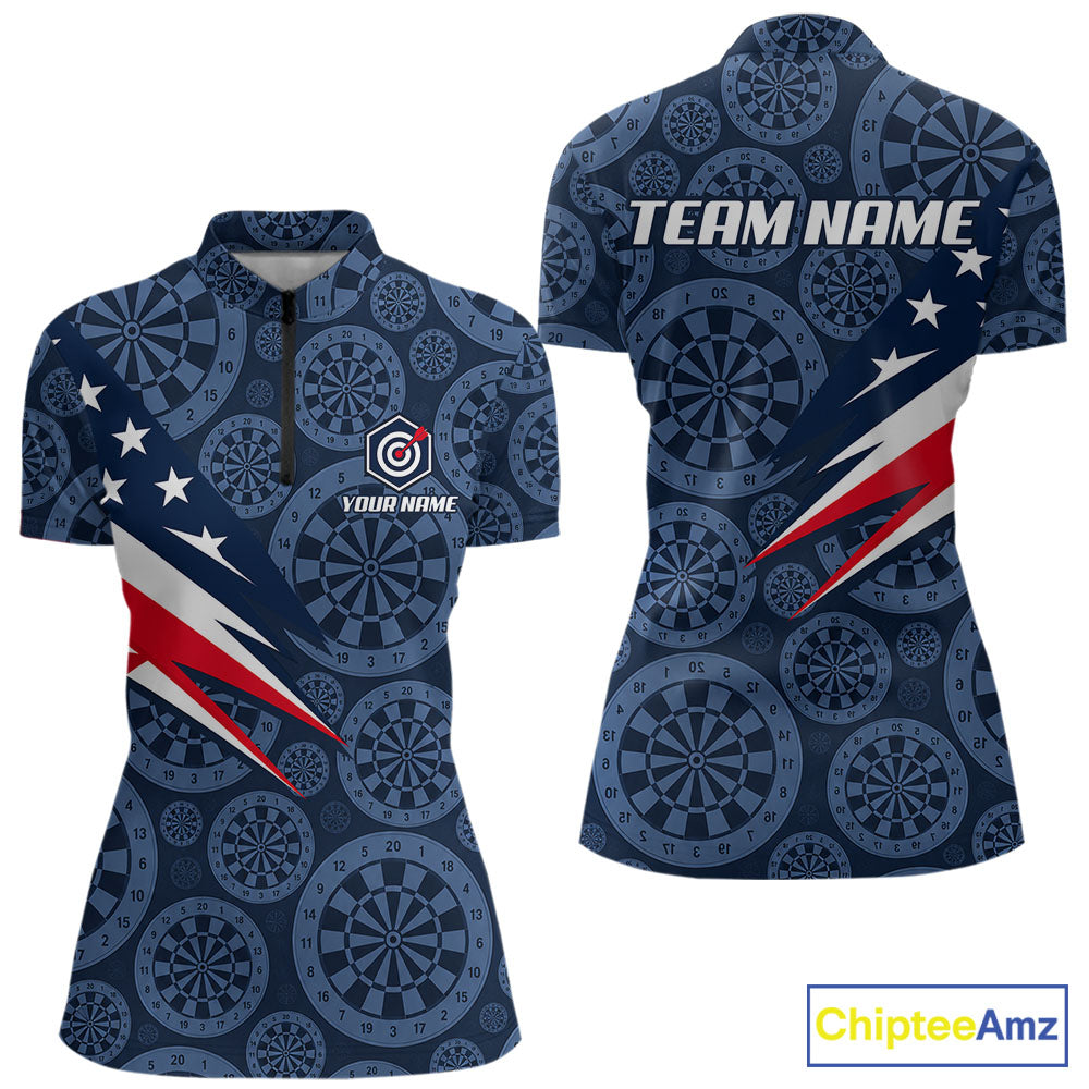 Blue Dartboard American Flag Polo 1/4-Zip Shirt For Women Custom Name Darts Club Match Jersey NHT1637