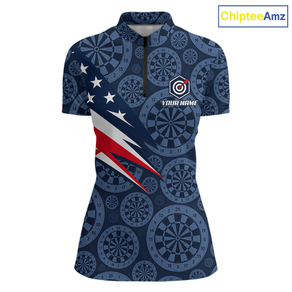 Blue Dartboard American Flag Polo 1/4-Zip Shirt For Women Custom Name Darts Club Match Jersey NHT1637