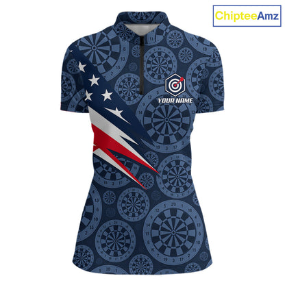 Blue Dartboard American Flag Polo 1/4-Zip Shirt For Women Custom Name Darts Club Match Jersey NHT1637