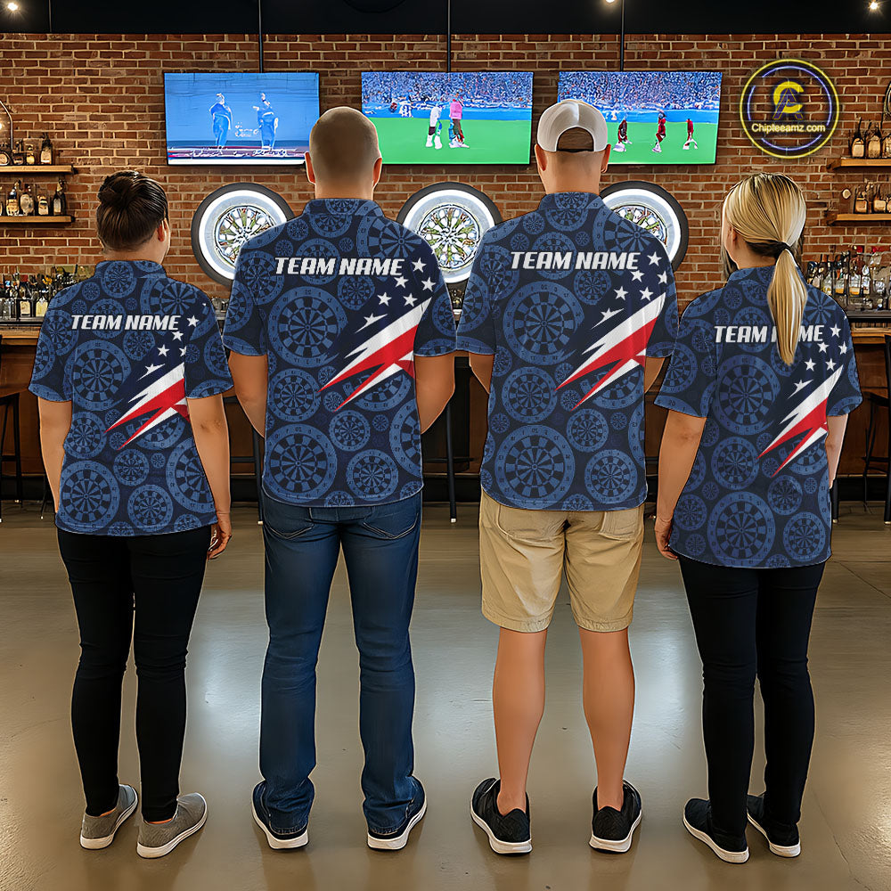Blue Dartboard American Flag Polo 1/4-Zip Shirt For Men Custom Name Darts Club Match Jersey NHT1637
