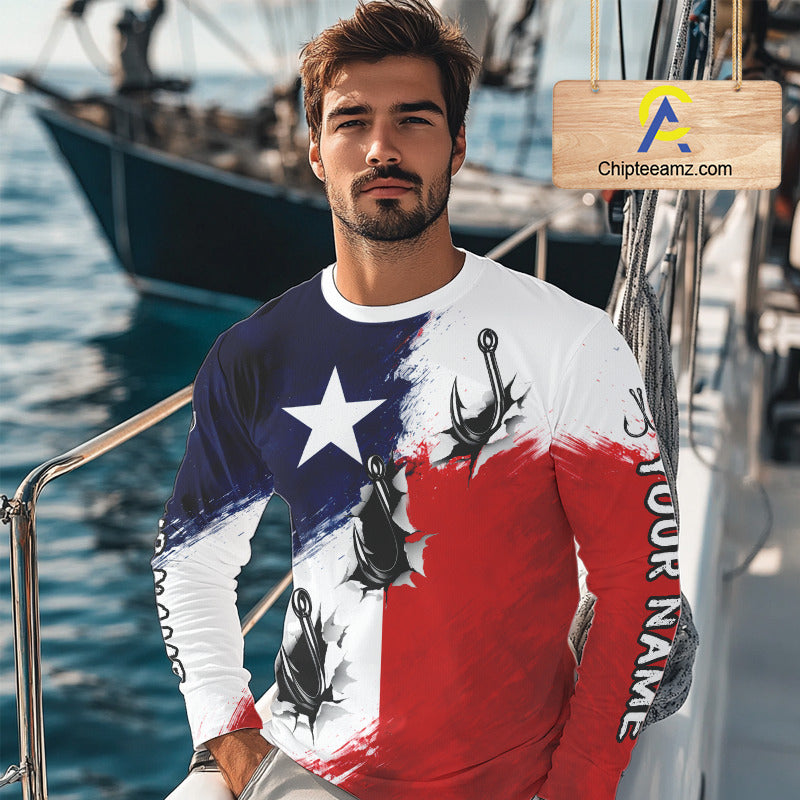 Texas Fishing Fish Hooks Patriotic Fishing Shirt Long Sleeve, Custom Name Fishing Jerseys NHT664