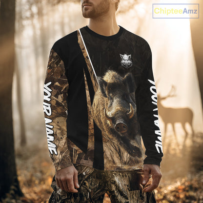 Best Custom Wild Boar Hunting Black Camo Forest 3D Printed Shirts, Hunting Gifts NHT284