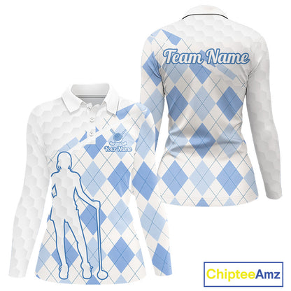 Personalized Blue White Argyle Plaid Pattern Womens Golf Polo Shirts, Blue Golf Tops For Womens NHT674