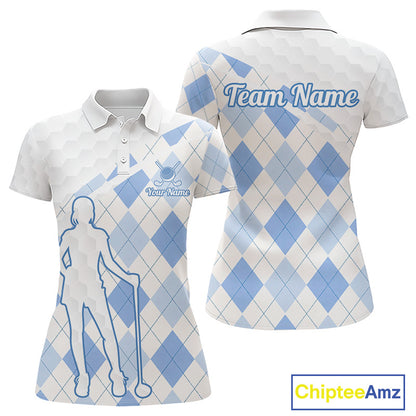 Personalized Blue White Argyle Plaid Pattern Womens Golf Polo Shirts, Blue Golf Tops For Womens NHT674