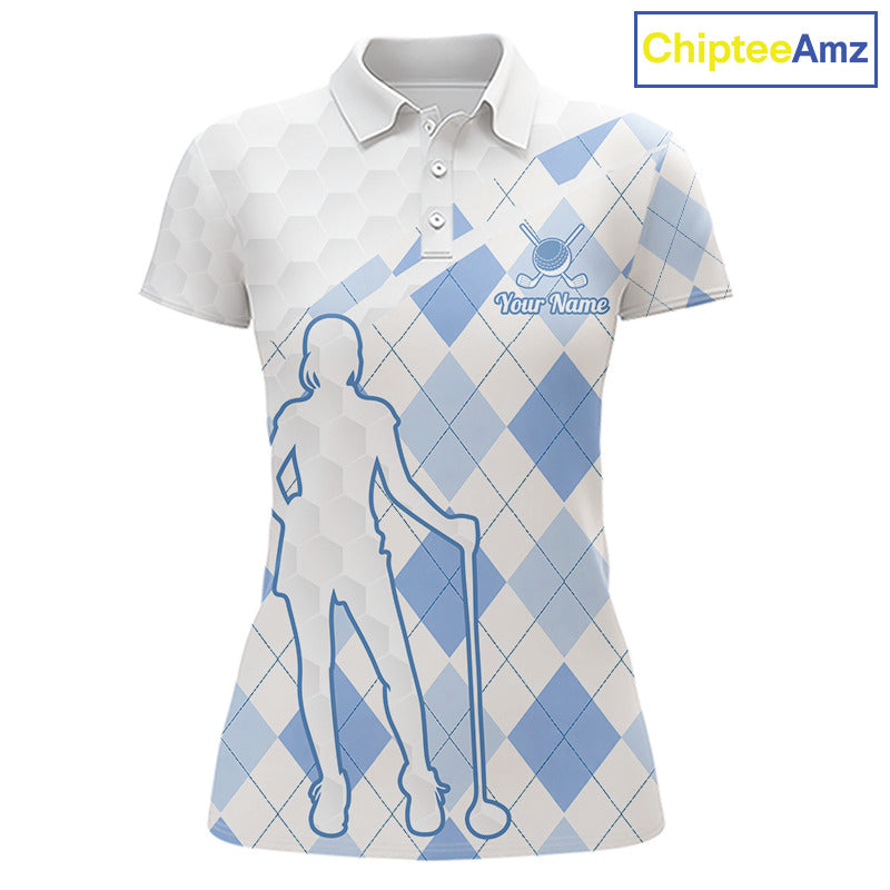 Personalized Blue White Argyle Plaid Pattern Womens Golf Polo Shirts, Blue Golf Tops For Womens NHT674