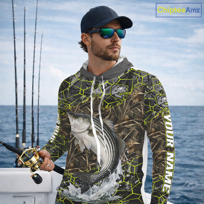 Striped Bass Custom Long Sleeve Hooded Fishing Shirts, Camouflage Striper Fishing Jerseys NHT518