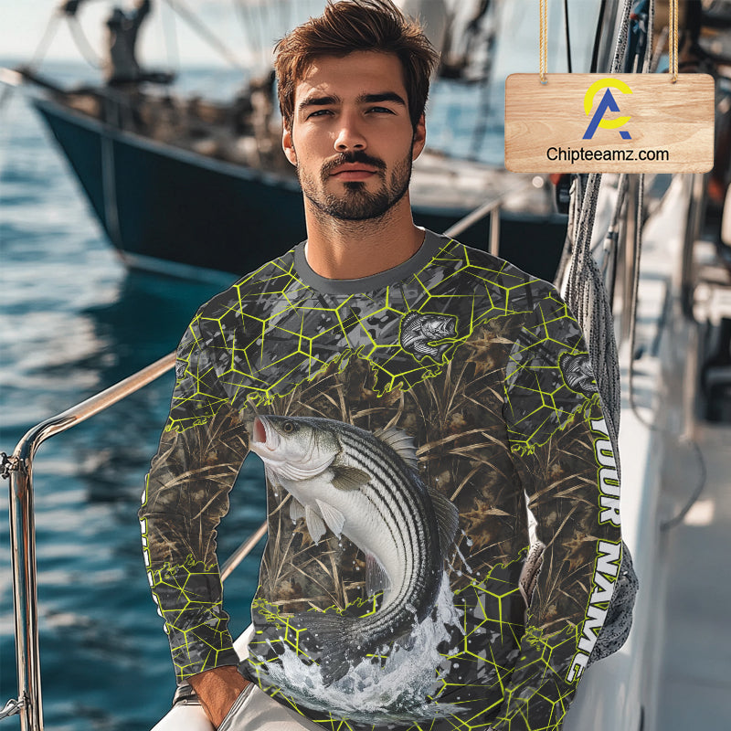 Striped Bass Custom Long Sleeve Fishing Shirts, Camouflage Striper Fishing Jerseys NHT518