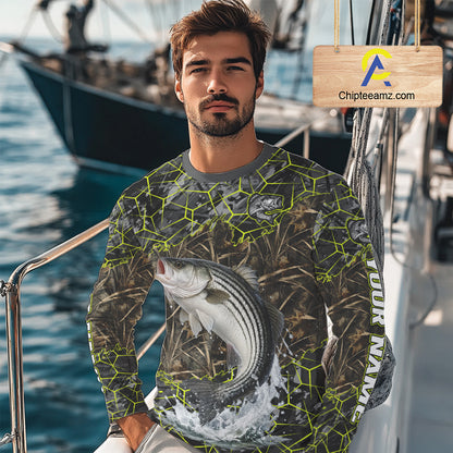 Striped Bass Custom Long Sleeve Fishing Shirts, Camouflage Striper Fishing Jerseys NHT518