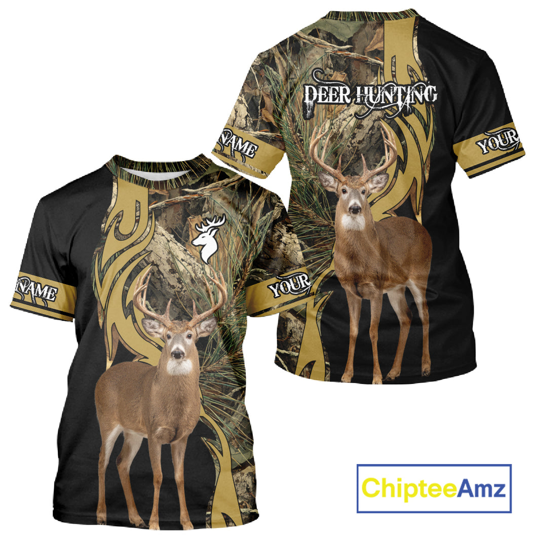 Deer Hunting 3D Black Camo Forest Custom Name All Over Print Shirt, Deer Hunting Gifts NHT208