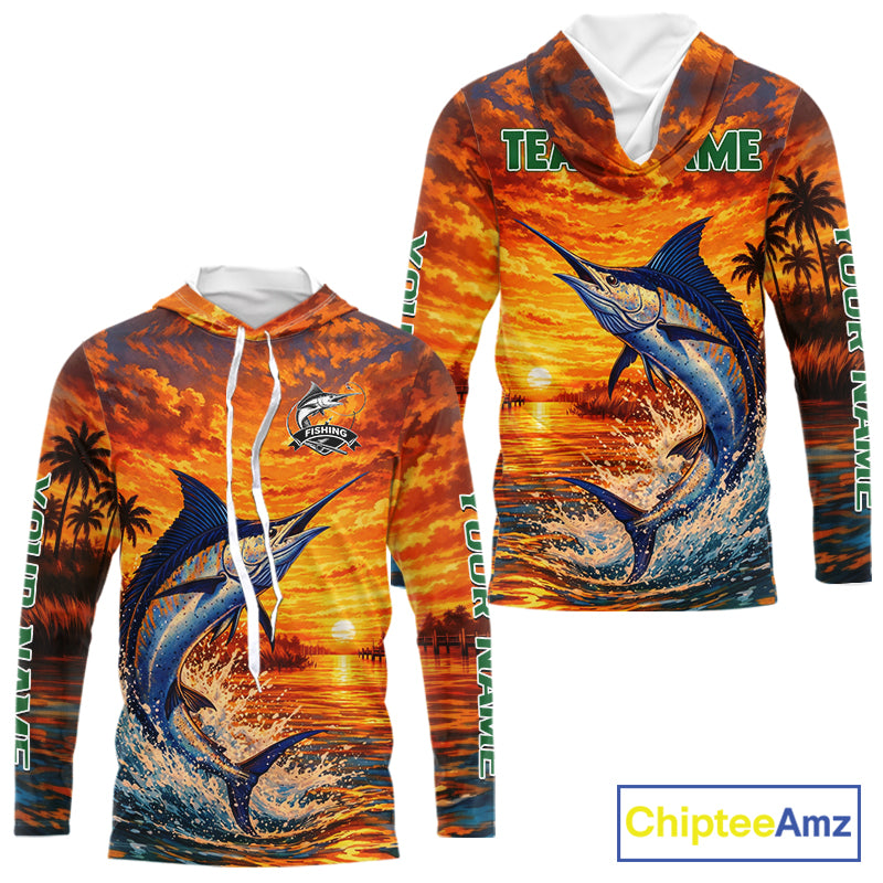 Personalized Marlin Fish Hooded Fishing Shirt Long Sleeve – Sunset Ocean Design NHT714