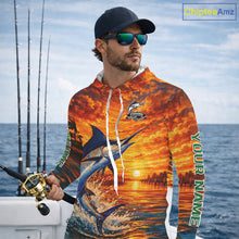 Load image into Gallery viewer, Personalized Marlin Fish Hooded Fishing Shirt Long Sleeve – Sunset Ocean Design NHT714