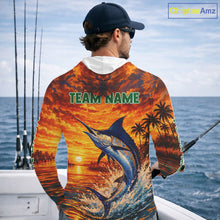 Load image into Gallery viewer, Personalized Marlin Fish Hooded Fishing Shirt Long Sleeve – Sunset Ocean Design NHT714