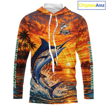 Load image into Gallery viewer, Personalized Marlin Fish Hooded Fishing Shirt Long Sleeve – Sunset Ocean Design NHT714