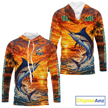Load image into Gallery viewer, Personalized Marlin Fish Hooded Fishing Shirt Long Sleeve – Sunset Ocean Design NHT714