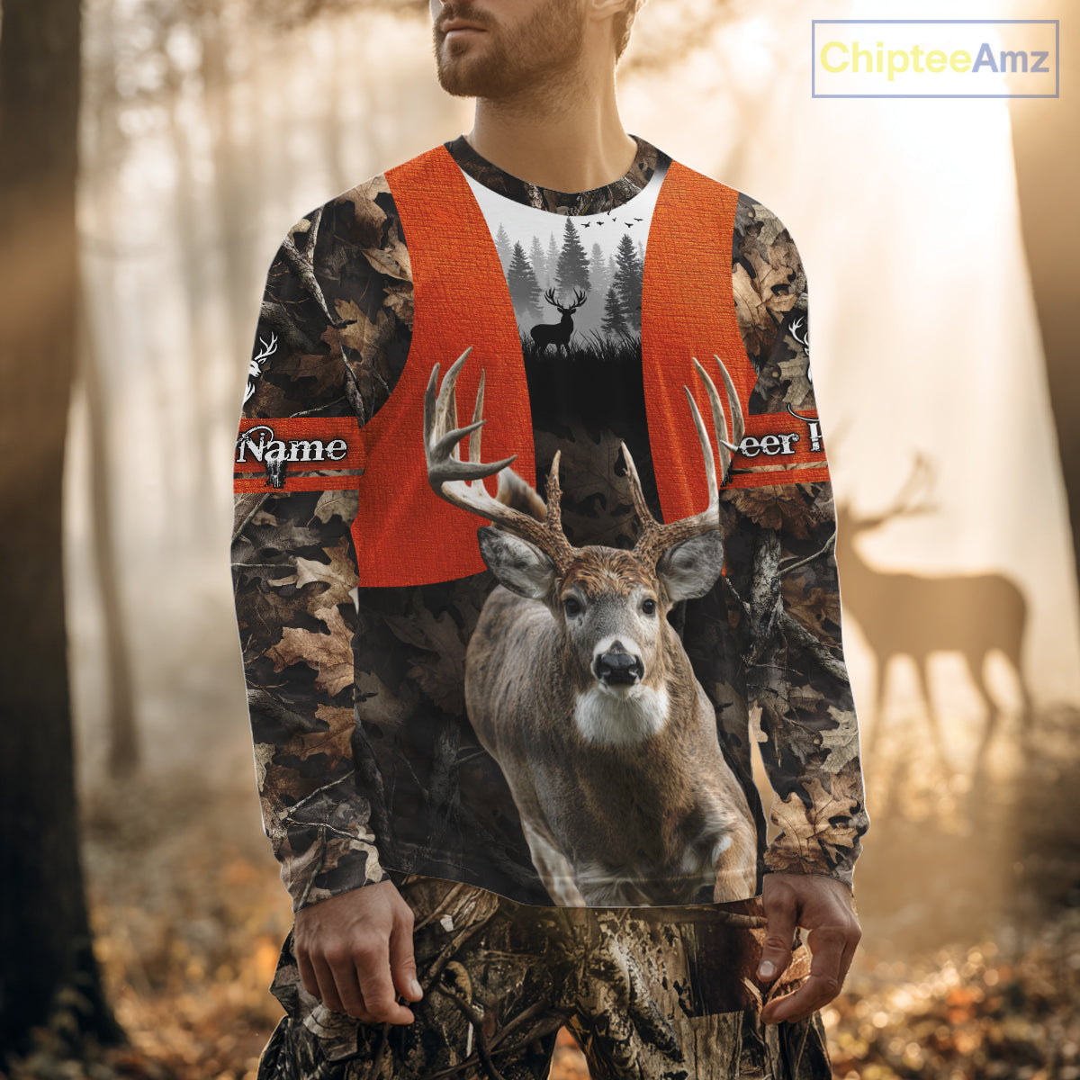 Personalized Hunting Shirt, Hunting Gear For Men – Orange Safety Camo with Big Buck NHT343