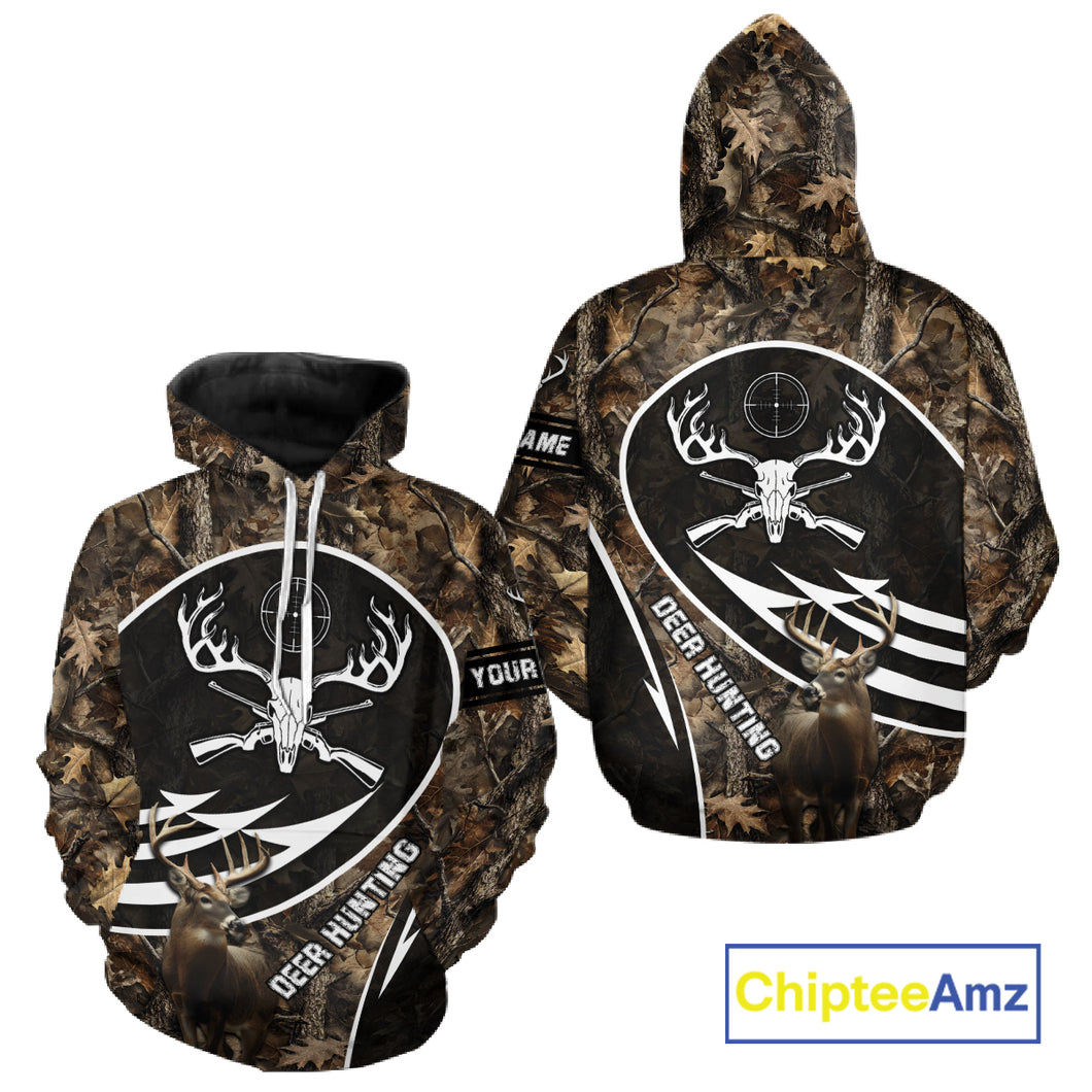 Skull Deer Hunting Hoodie and Sweatshirt – Brown Camo Gear with Custom Name for Hunters NHT345