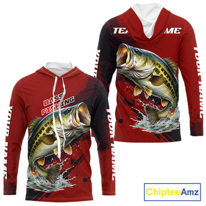 Bass Fishing Red Camo Custom Name UV Protection Fishing Shirts Long Sleeve Hooded For Men NHT528