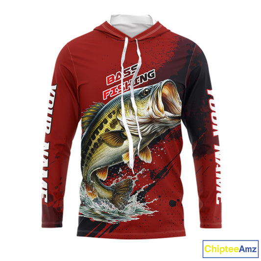 Bass Fishing Red Camo Custom Name UV Protection Fishing Shirts Long Sleeve Hooded For Men NHT528