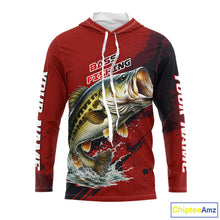 Load image into Gallery viewer, Bass Fishing Red Camo Custom Name UV Protection Fishing Shirts Long Sleeve Hooded For Men NHT528