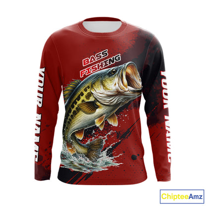 Bass Fishing Red Camo Custom Name UV Protection Fishing Shirts Long Sleeve For Men NHT528