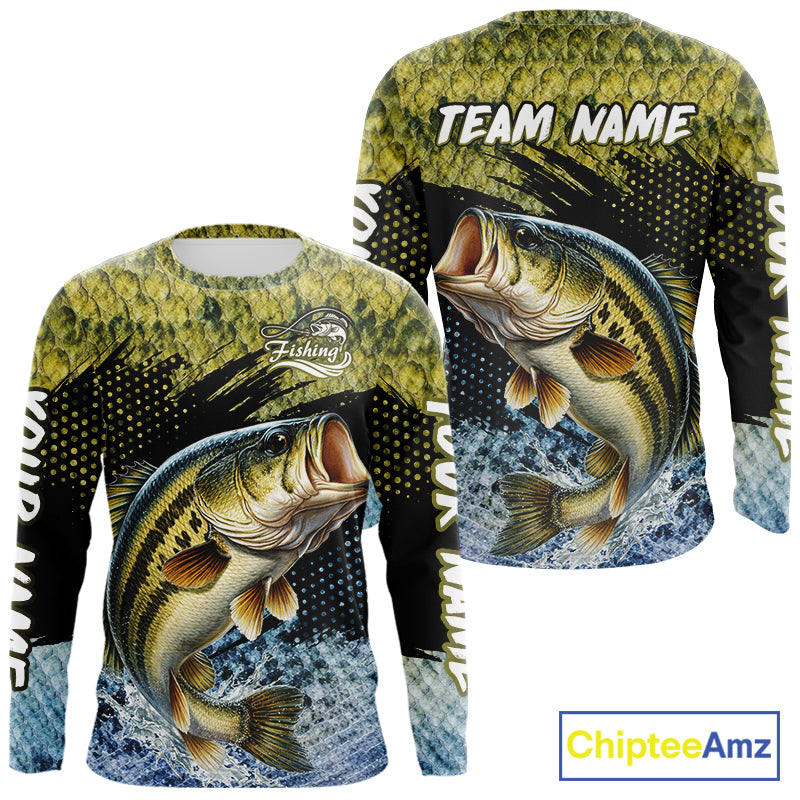 Largemouth Bass Fishing Green Camo Bass Jersey Customize Bass Fishing Shirts Long Sleeve NHT532