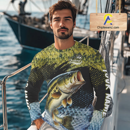 Largemouth Bass Fishing Green Camo Bass Jersey Customize Bass Fishing Shirts Long Sleeve NHT532