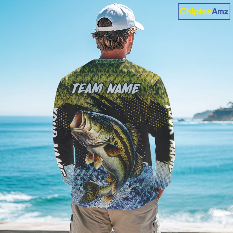 Largemouth Bass Fishing Green Camo Bass Jersey Customize Bass Fishing Shirts Long Sleeve NHT532