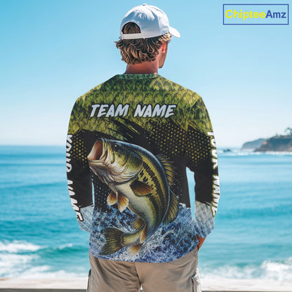 Largemouth Bass Fishing Green Camo Bass Jersey Customize Bass Fishing Shirts Long Sleeve NHT532