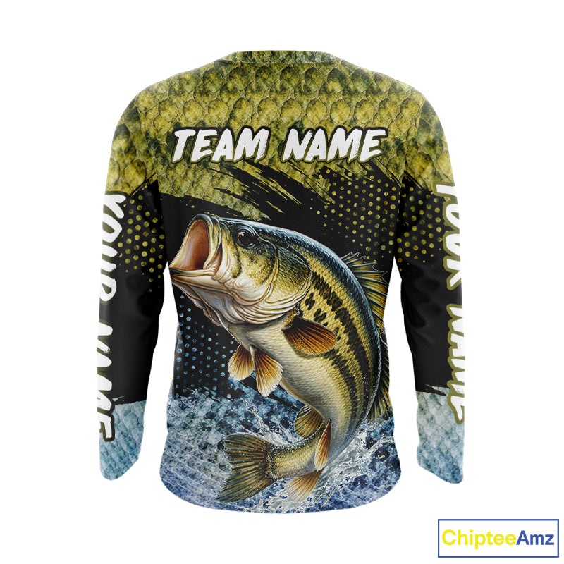 Largemouth Bass Fishing Green Camo Bass Jersey Customize Bass Fishing Shirts Long Sleeve NHT532