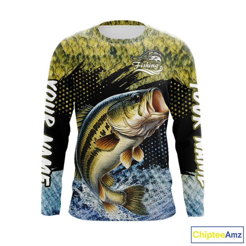 Largemouth Bass Fishing Green Camo Bass Jersey Customize Bass Fishing Shirts Long Sleeve NHT532