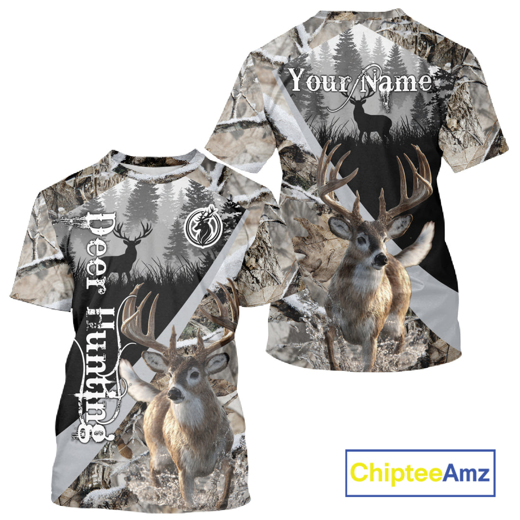 Whitetail Deer Hunting 3D All Over Print Winter Camo Shirt Custom Name Gifts For Hunter NHT215