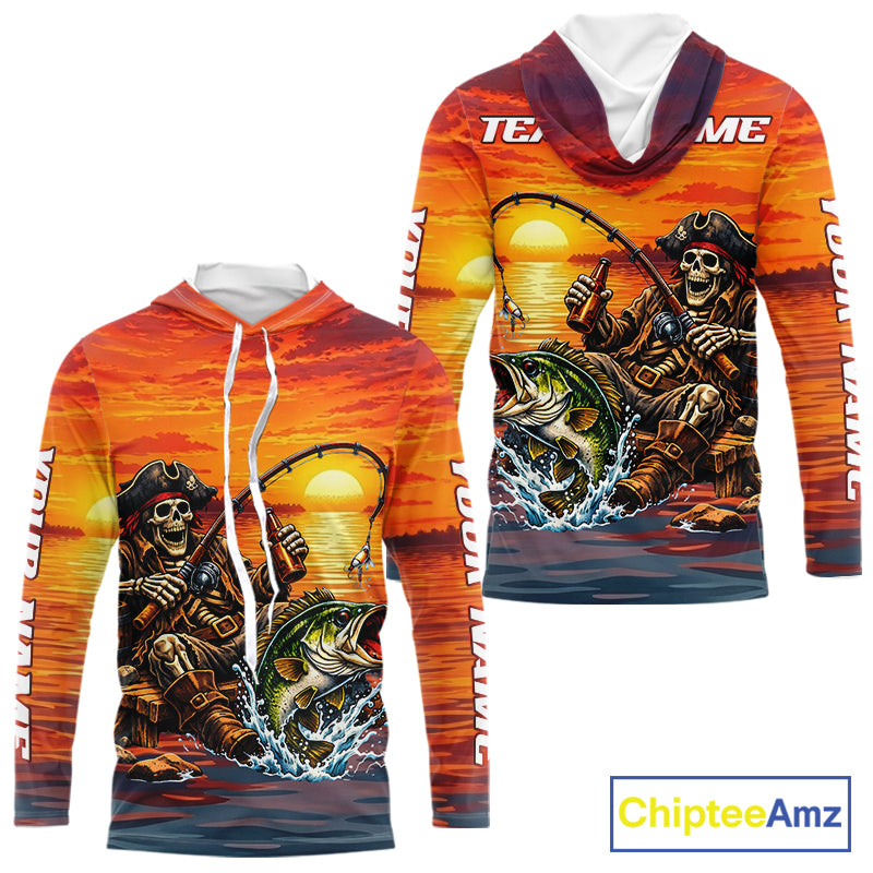 Skeleton Bass Hooded Fishing Shirts Long Sleeve – Sunset Fisherman Skull Design, Funny Fishing Gift For Anglers NHT536