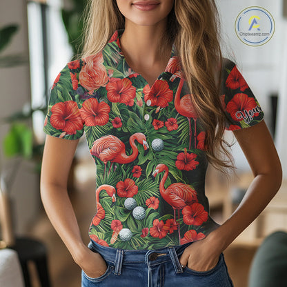 Custom Hibicus Flamingo Floral Golf Polo Shirts For Women, Flower Golf Team Shirts NHT540
