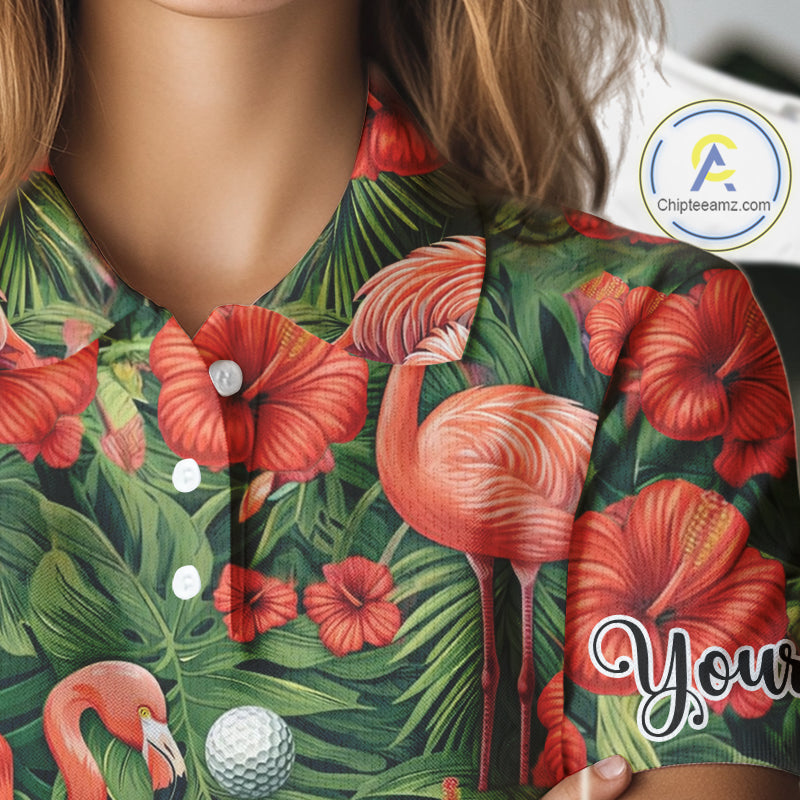 Custom Hibicus Flamingo Floral Golf Polo Shirts For Women, Flower Golf Team Shirts NHT540