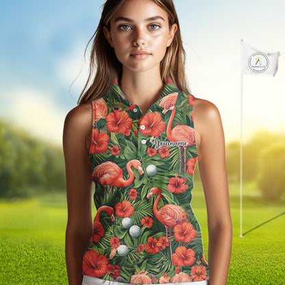 Custom Hibicus Flamingo Floral Golf Sleeveless Polo Shirts For Womens, Flower Golf Team Shirts NHT540