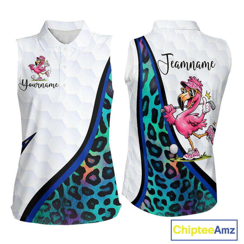 Funny Pink Flamingo Custom Colorful Neon Leopard Team Sleeveless Golf Polo Shirt For Women NHT544