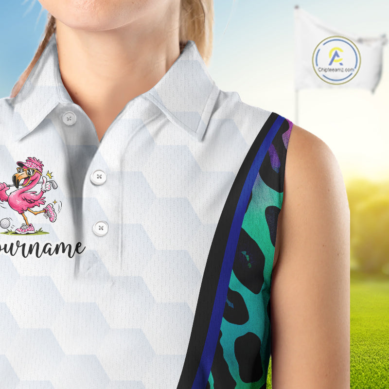 Funny Pink Flamingo Custom Colorful Neon Leopard Team Sleeveless Golf Polo Shirt For Women NHT544