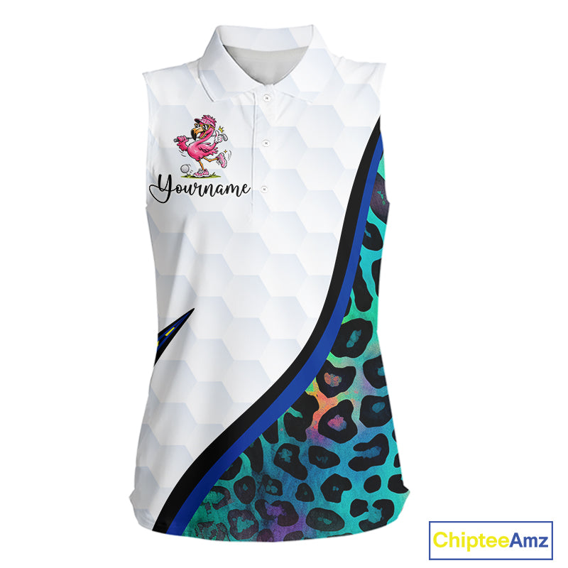 Funny Pink Flamingo Custom Colorful Neon Leopard Team Sleeveless Golf Polo Shirt For Women NHT544
