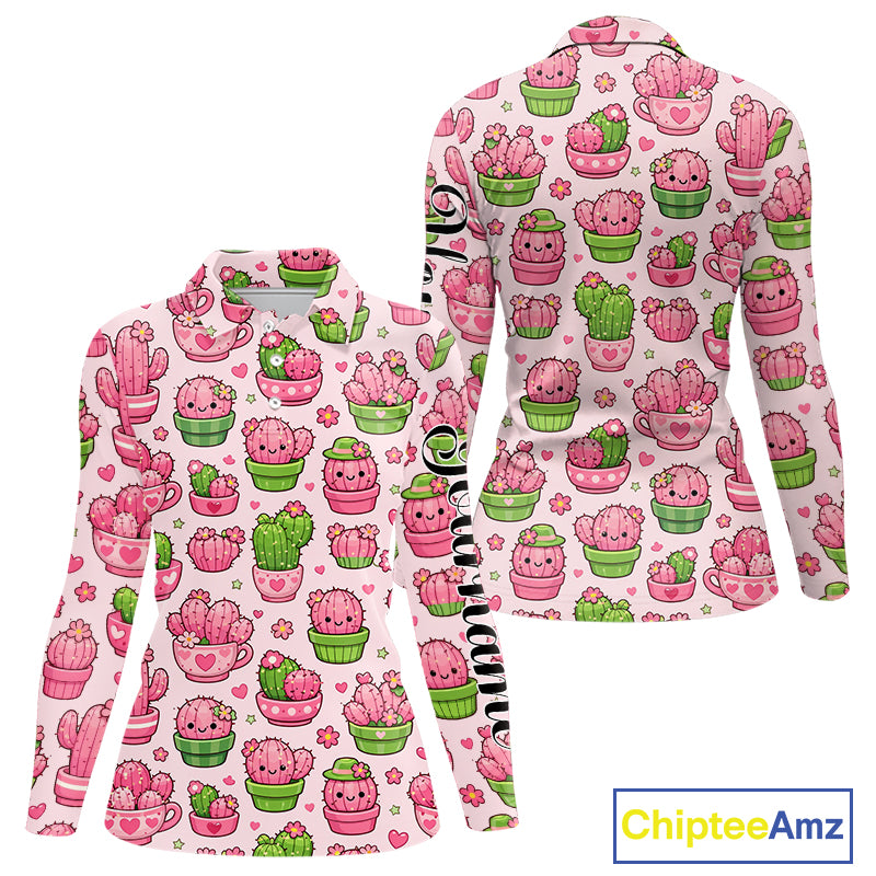 Cute Kawaii Cactus Womens Golf Polo Shirt, Funny Pink Cartoon Cactus Shirt NHT555