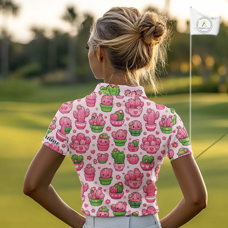Cute Kawaii Cactus Womens Golf Polo Shirt, Funny Pink Cartoon Cactus Shirt NHT555