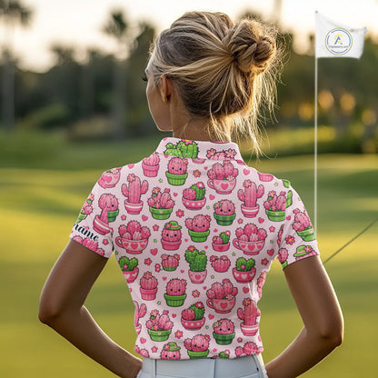 Cute Kawaii Cactus Womens Golf Polo Shirt, Funny Pink Cartoon Cactus Shirt NHT555